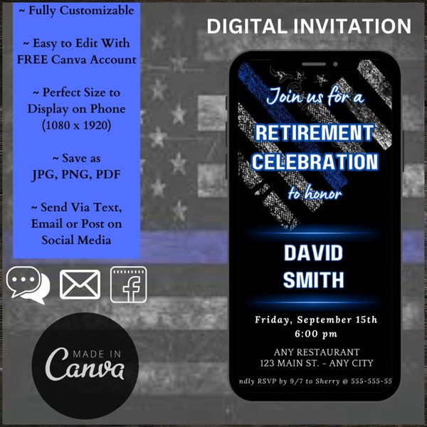 Police Retirement Invitation Template | Thin Blue Line | Text Message | Phone Invite | Mobile | LEO Digital Birthday Invite