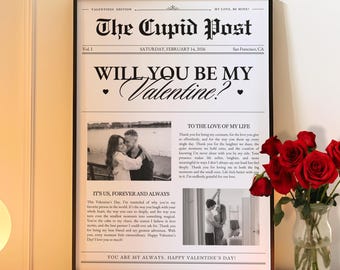 Plantilla de periódico para San Valentín, periódico "Sé mi Valentín", arte mural de San Valentín, regalo de San Valentín para novia, inserto de flores, plantilla de Canva