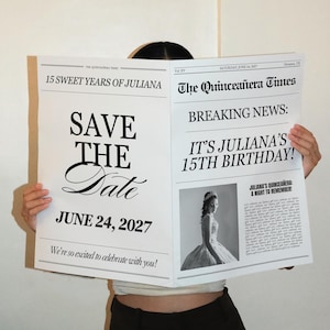 Quinceanera Save The Date Newspaper Template, Printable Newspaper 15th Birthday Announcement, Quinceañera Invitations, Canva Template