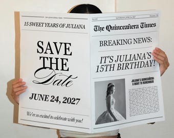 Plantilla de periódico para guardar la fecha de quinceañera, invitación imprimible para sesión de fotos de quinceañera, plantilla de Canva