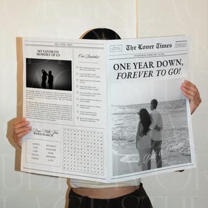 Szablon gazety na rocznicę dla pary, prezent na pierwszą rocznicę dla chłopaka i dziewczyny, prezent na rok związku, szablon Canva, 031