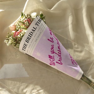 Envoltura de ramo de papel de periódico para propuesta de dama de honor, plantilla imprimible de envoltura de flores de papel de periódico, propuesta de dama de honor única, plantilla de Canva