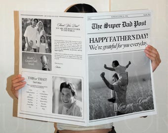 Plantilla de periódico para el Día del Padre, Regalo personalizado para papá en formato periódico, Tarjeta de felicitación DIY de parte de su hija, Plantilla de Canva, 054