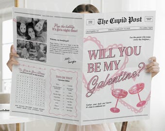 Plantilla de invitación para la Noche de Galentine con periódico, invitación editable para la fiesta de Galentine, juegos para la Noche de Chicas, plantilla de Canva