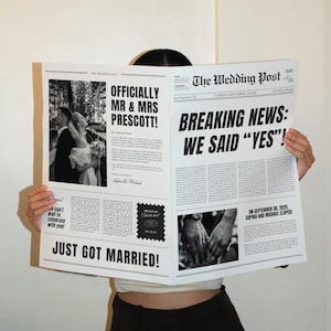 Aankondiging schaking bruiloft krant sjabloon, afdrukbare intieme bruiloft aankondiging, we eloped fotoshoot prop, canvas sjabloon