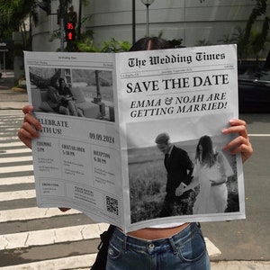 Guarde la fecha del periódico de bodas, plantilla editable del programa del periódico del día de la boda, plantilla de Canva de invitación de boda imprimible
