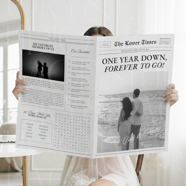 Zeitungsvorlage 1 Jahr Jahrestag, Geschenk für Freund und Freundin, Geschenke für Ihn, Canva Vorlage, 031