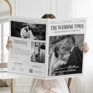 May include: A newspaper titled "The Wedding Times" held by a person. The newspaper features black and white photos of a couple, with the headline "The Beginning of Forever." The names "Jessica + Nathan" are also visible.