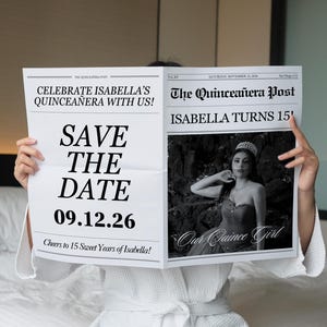 Quinceanera Save The Date Newspaper Template, Printable Newspaper 15th Birthday Announcement, Quinceañera Invitations, Canva Template