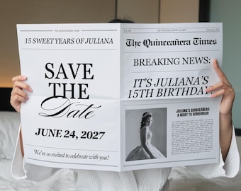 Plantilla de periódico para guardar la fecha de quinceañera, anuncio imprimible de 15 años, invitaciones de quinceañera, plantilla de Canva