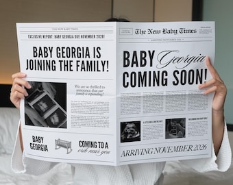 Newspaper Baby Announcement Template, Printable Newspaper Pregnancy Announcement, First Time Parents, Editable Baby Reveal Canva Template