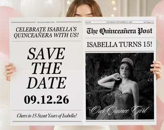 Quinceañera Save The Date Newspaper Template, Printable Newspaper Invitation For Quince Photoshoot, Sweet 15, Canva Template
