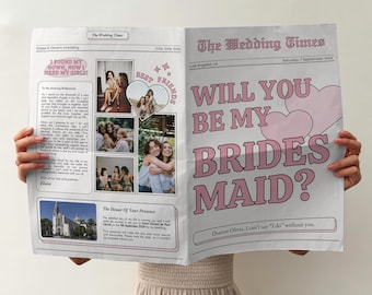 Bridesmaid Proposal Newspaper Flower Bouquet Wrap Template, Pink Retro Bridesmaid Info Card Newspaper, Gifts for Her, Canva Template