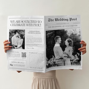 Modello per programma di matrimonio con giornale, cronologia stampabile del giorno del matrimonio, itinerario di nozze con giornale piegato, modello Canva