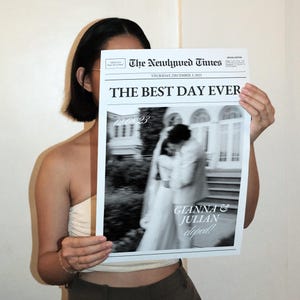 駆け落ち結婚発表新聞テンプレート、駆け落ち写真発表印刷可能、親密な結婚式、編集可能なCanvaテンプレート