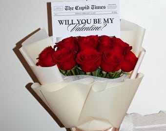 Plantilla de periódico de San Valentín, inserto de flores imprimible para periódico de San Valentín, regalo "Sé mi Valentín" para tu novia, plantilla de Canva