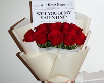 Zeitung Valentinstag Kartenvorlage, druckbare Blumenbeilage Valentinstag Zeitung, Be My Valentine Geschenk für Freundin, Canva Vorlage
