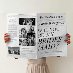 Modelo de jornal para proposta de madrinha, modelo de jornal para embrulho de buquê de flores editável, cartão de informações para madrinha, modelo Canva