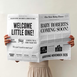 Newspaper New Baby Announcement Template, Printable Large Pregnancy Announcement Newspaper, Editable Baby Reveal Canva Template