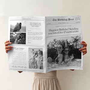 Modelo de embrulho de presente de aniversário de jornal, ideia de presente de aniversário de jornal para impressão para melhores amigos, modelo editável do Canva