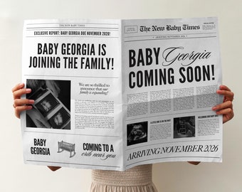 Newspaper Baby Announcement Template, Printable Large Newspaper Pregnancy Announcement, Editable Baby Reveal Canva Template