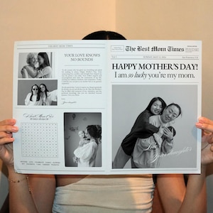 Modelo de jornal para embrulho de buquê de flores para o dia das mães, cartão para o dia das mães para impressão, presente para mãe de primeira viagem, presente para ela, modelo Canva