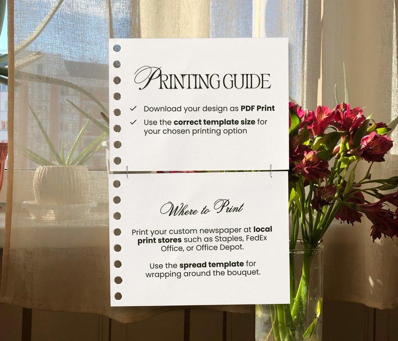 May include: A white paper with the title "PRINTING GUIDE" and instructions for printing a custom newspaper. The paper is perforated along the left edge and includes text about PDF print and template size. A bouquet of red flowers is in a glass vase.