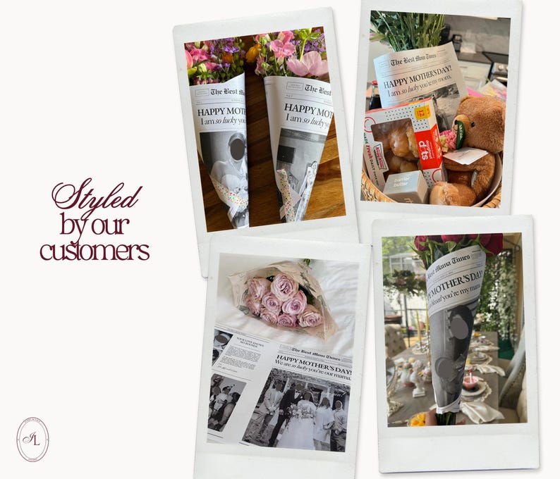 May include: A collage of images featuring floral arrangements and gifts. One image shows bouquets wrapped in newspaper with the text "HAPPY MOTHERSDAY!" and "I am so lucky you". Other images include a teddy bear and pastries.