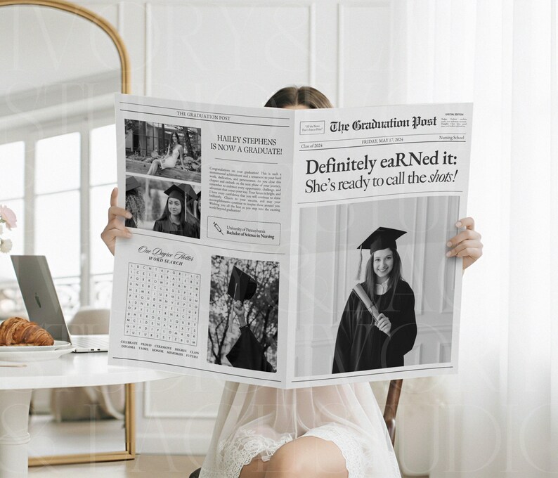 May include: A black and white newspaper titled "The Graduation Post" with the headline "Definitely eaRNed it: She's ready to call the shots!" The newspaper features photos of a graduate in a cap and gown.