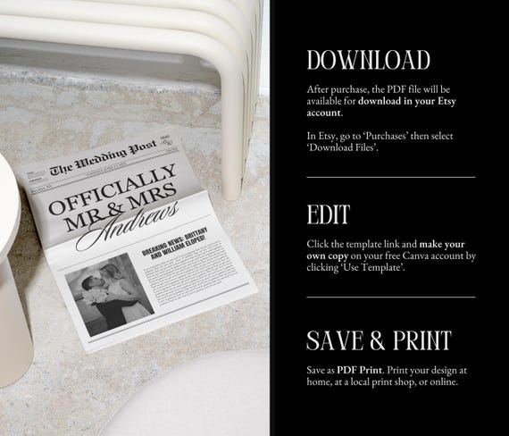 Elopement Announcement Wedding Newspaper Template, Printable Intimate Weddings Announcement, We Eloped, Editable Canva Template