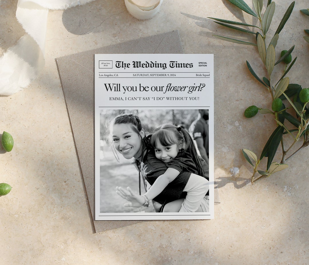 Flower Girl Proposal Newspaper Template, Printable Proposal Card for