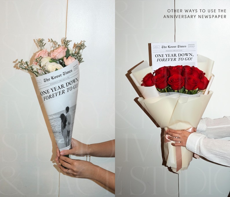 Może przedstawiać: Dwa bukiety kwiat&oacute;w owinięte w papier. Jeden zawiera r&oacute;żowe i białe kwiaty, drugi czerwone r&oacute;że. Papier jest zadrukowany napisem "The Lover Times" i tekstem "ONE YEAR DOWN, FOREVER TO GO!"