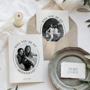 Kaartsjabloon bruidsmeisje voorstel, afdrukbare fotokaart Will You Be My Bridesmaid, moderne minimalistische bruiloft, bewerkbare canvassjabloon