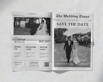 Save The Date Wedding Invitation Newspaper Template, Folded Newspaper Wedding Program Itinerary, Printable Canva Template