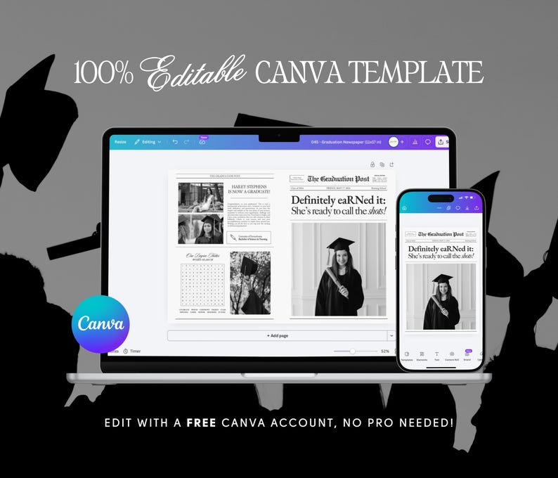 May include: A laptop and smartphone display a graduation newspaper template. The laptop shows a newspaper layout with photos and text. The smartphone mirrors the design. Text reads "100% Editable CANVA TEMPLATE" and "EDIT WITH A FREE CANVA ACCOUNT, NO PRO NEEDED!"