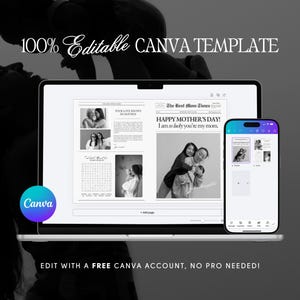 May include: A laptop and smartphone display a Canva template for Mother's Day. The template includes photos and text, with the words "HAPPY MOTHER'S DAY!" and "I am so lucky you're my mom." The image also includes the text "100% Editable CANVA TEMPLATE".