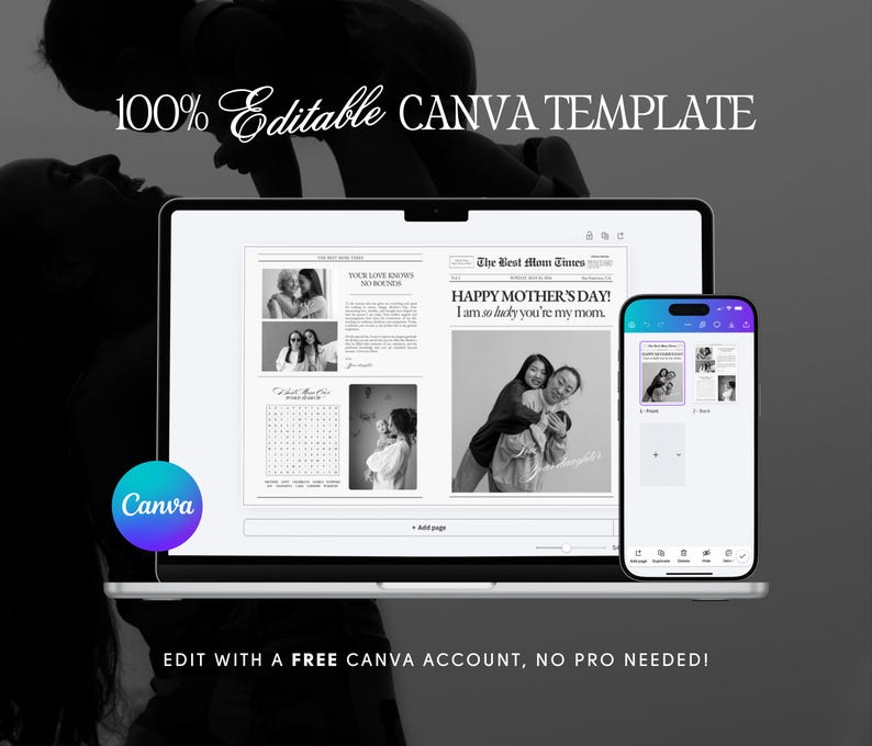 May include: A laptop and smartphone display a Canva template for Mother's Day. The template includes photos and text, with the words "HAPPY MOTHER'S DAY!" and "I am so lucky you're my mom." The image also includes the text "100% Editable CANVA TEMPLATE".