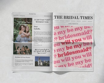 Newspaper Bridesmaid Proposal Flower Wrap, Printable Pink Bridesmaid Newspaper Bouquet Template, Editable Canva Template