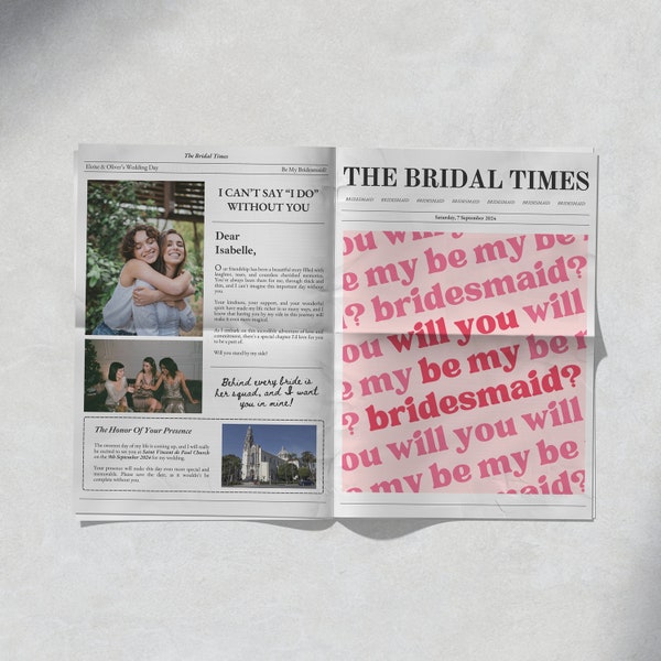 Newspaper Bridesmaid Proposal Flower Wrap, Printable Pink Bridesmaid Newspaper Bouquet Template, Editable Canva Template