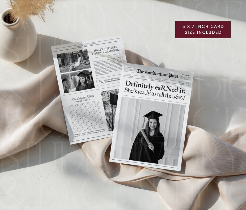 May include: Two graduation announcement cards designed as newspaper pages. One card features a photo of a graduate and the headline "Definitely eaR Ned it: She's ready to call the shots!" The other card has a photo and a word search.