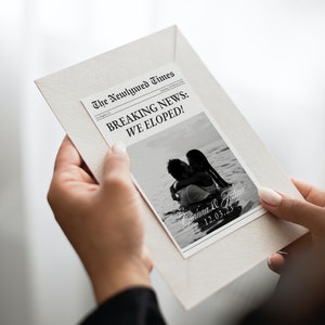 Krant kaart bruiloft schaking aankondiging sjabloon, afdrukbare intieme bruiloft uitnodiging, we hebben weggelopen, bewerkbare canva sjabloon