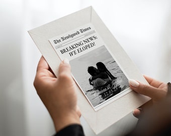 Newspaper Card Wedding Elopement Announcement Template, Printable Intimate Weddings Invitation, We Eloped, Editable Canva Template