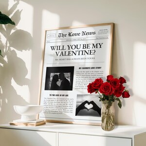 Plantilla de tarjeta de San Valentín con periódico, inserto de flores imprimible, regalo "Sé mi Valentín" para tu novia, plantilla de Canva imagen 2