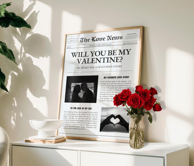 Plantilla de tarjeta de San Valentín con periódico, inserto de flores imprimible, regalo "Sé mi Valentín" para tu novia, plantilla de Canva imagen 2