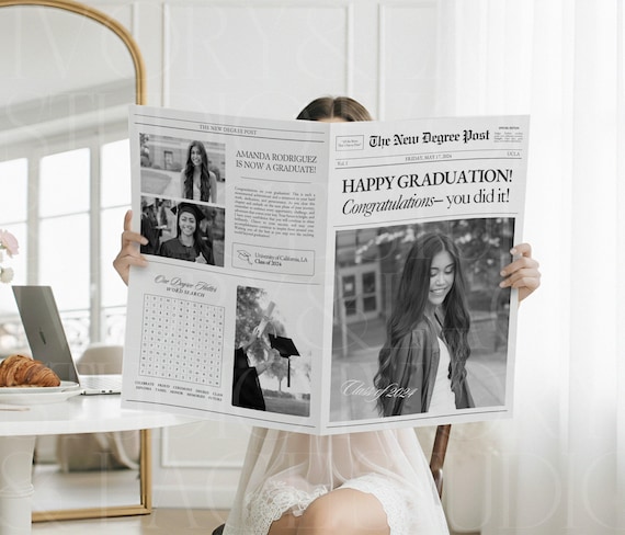 Graduation Newspaper Template, Editable Flower Bouquet Wrap Newspaper For New Graduate, College Senior 2026 Gift, Canva Template, 044