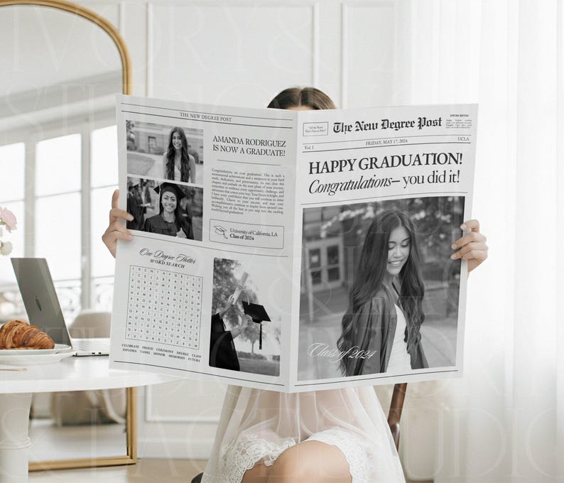 Graduation Newspaper Template, Editable Flower Bouquet Wrap Newspaper For New Graduate, College Senior 2026 Gift, Canva Template, 044 image 1