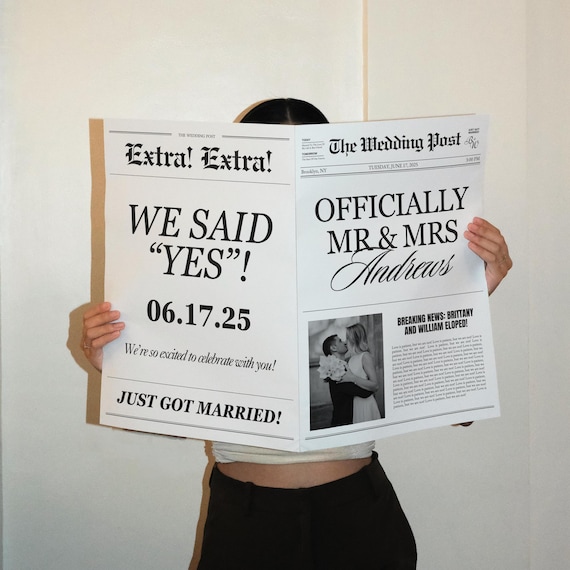 Elopement Announcement Wedding Newspaper Template, Printable Intimate Weddings Announcement, We Eloped, Editable Canva Template
