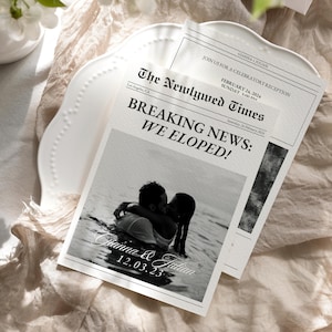 駆け落ち結婚式の新聞カード告知テンプレート、印刷可能な親密な結婚式の招待状、駆け落ちしました、編集可能なCanvaテンプレート