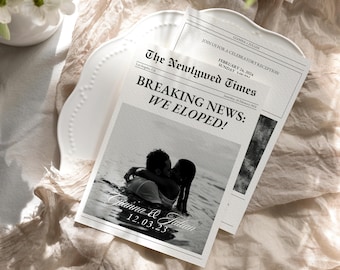 Elopement Wedding Newspaper Card Announcement Template, Printable Intimate Weddings Invitation, We Eloped, Editable Canva Template