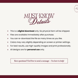 May include: A digital download announcement with the text "MUST-KNOW Details" in a decorative font. The text is in burgundy on a cream background with a burgundy border. Additional text includes details about the digital download.
